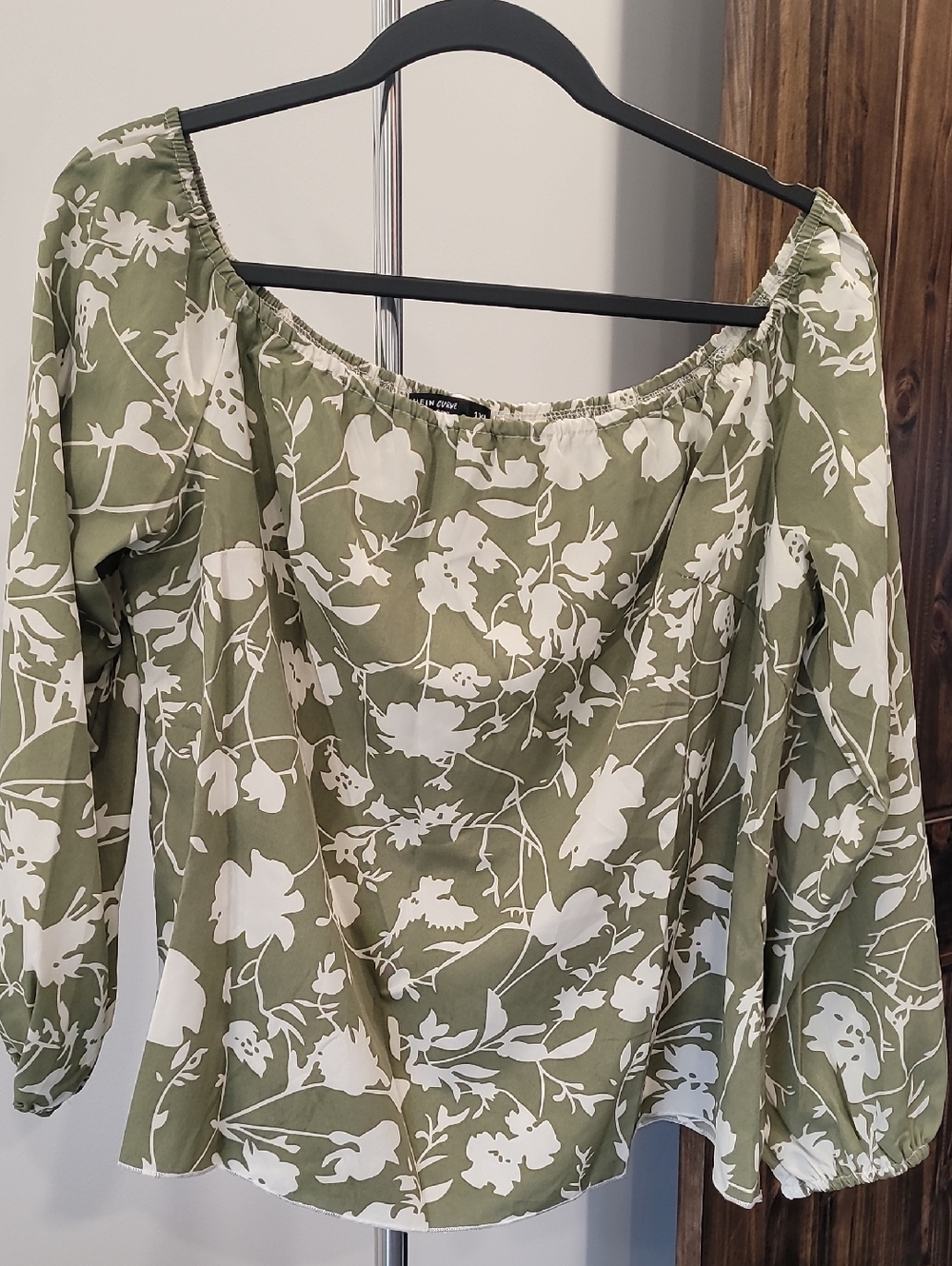 SHEIN Olive Green and White Floral Off-Shoulder Blouse